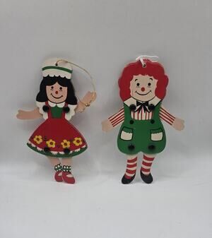 Vintage Raggedy Ann Jointed Wooden Christmas Ornaments Set of 2 Hand Painted